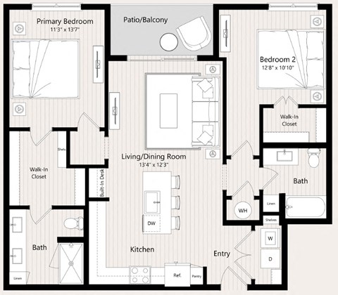 Floor plan for 2 beds, 2 baths, 1162 sqft